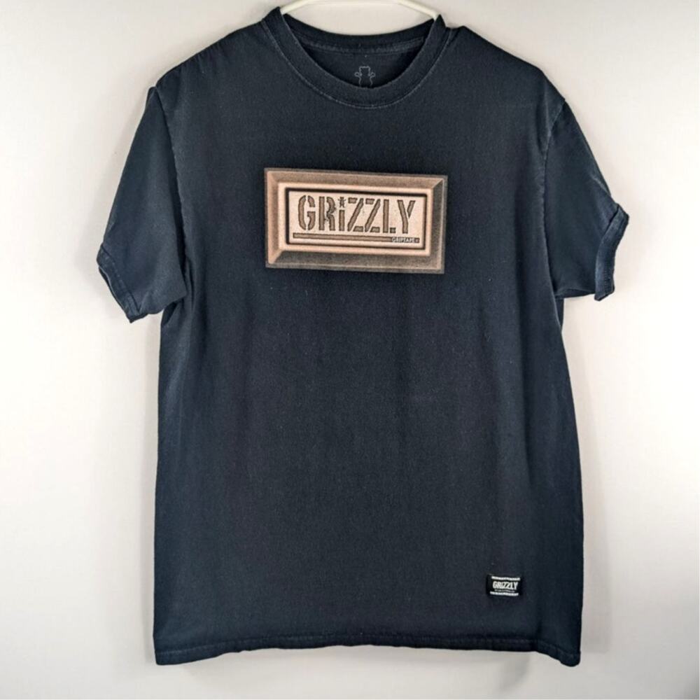 Grizzly Griptape Mens Medium Black Faded Box Logo Skate Tee Cotton Streetwear